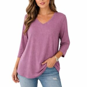 Segments Essentials for Women Lilac‎ Purple Micro Ribbed V-Neck Top 3/4 Sleeve